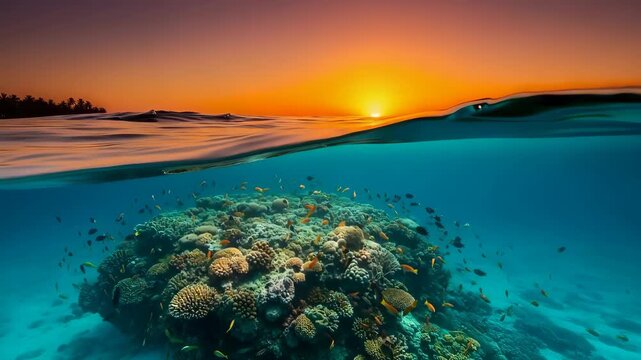 Stunning Split View of Tropical Sunset Over Coral Reef and Underwater Marine Life.