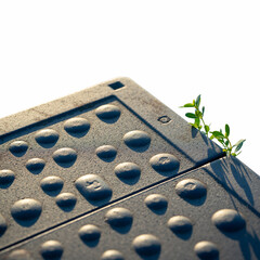 A small plant growing through a stone pavement with a white background