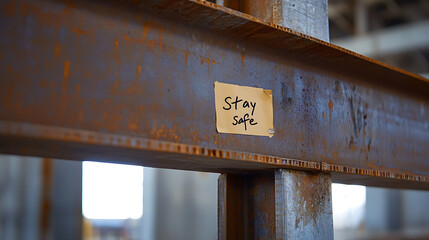 A 'Stay Safe' message is taped to a weathered, steel I-beam, highlighting safety in an industrial setting. Rust textures and muted colors emphasize the environment.