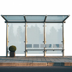 A modern bus shelter with a glass roof and frosted glass panels stands on a paved sidewalk