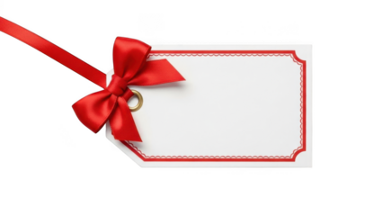 White gift tag with red ribbon and bow isolated on transparent background price tag