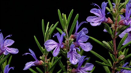 Rosemary Plant with Vibrant Purple Blossoms and Green Leaves Against a Black Background Macro Still Life Close Up