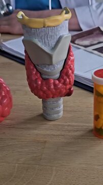 Model of thyroid gland and larynx shown during medical discussion in a clinic