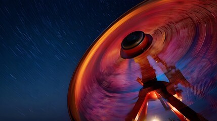 A vibrant colorful amusement park ride spins rapidly against a starry night sky captured with a long exposure