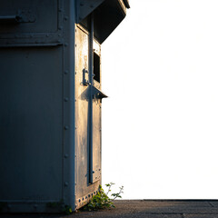 A metal door with a small window and rusty handle stands ajar on a worn concrete surface