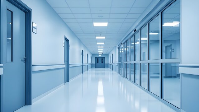 b'Pasillo del hospital con paredes y puertas azules'