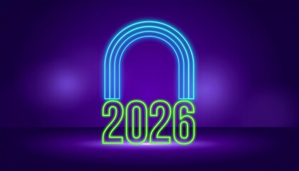 Neon rainbow arch with glowing 2026 text on purple background
