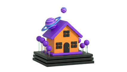 3D Rendered House with Planets and Trees on White