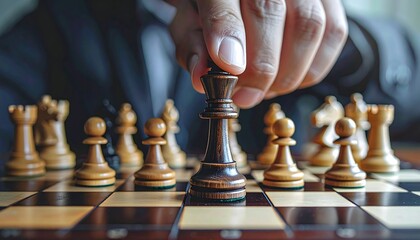 Close-up of hand moving chess piece on board with other pieces