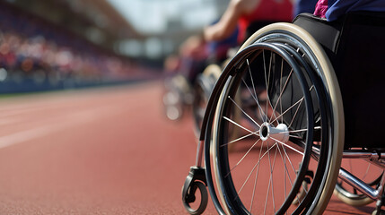Wheelchair race focuses on the determination and skill of athletes using assistive devices on a track, emphasizing sportsmanship and inclusivity in competition.
