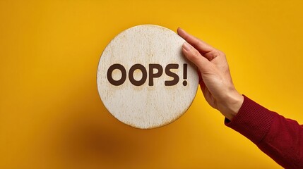 An aged hand holding a round 'oops!' sign, symbolizing a minor error or unexpected happening