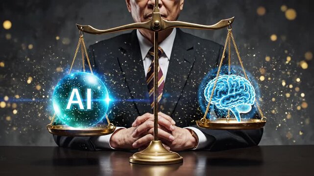 4K conceptual illustration of AI versus human intelligence on a balanced scale