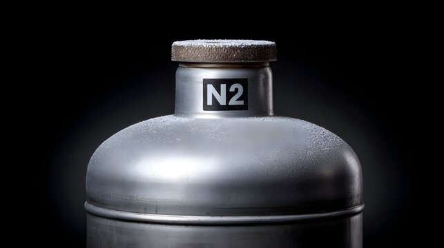 Close up of a frosted metal cylinder labeled N2 used for storing cold substances like liquid nitrogen