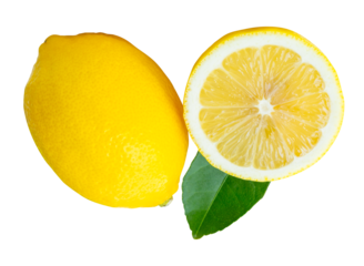 Front view of ripe yellow lemon fruit with half or slice in circle shape and green leaf in stack isolated with clipping path in png file format