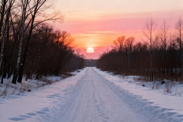 Obraz premium Snowy road at sunset with bare trees