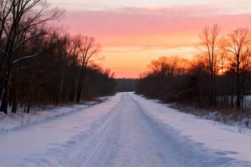 Naklejka premium Snowy road at sunset with bare trees
