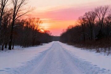 Obraz premium Snowy path at sunset in forest