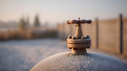 Frozen industrial valve on a frosty winter morning