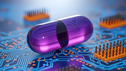 Una cápsula digital descansa sobre una placa de circuito, simbolizando la intersección de la tecnología y la atención médica en un entorno futurista.