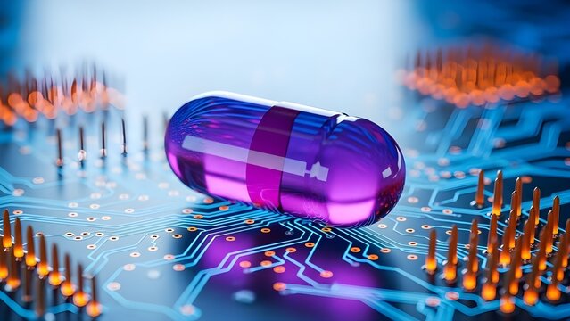 Una c&aacute;psula digital descansa sobre una placa de circuito, simbolizando la intersecci&oacute;n de la tecnolog&iacute;a y la atenci&oacute;n m&eacute;dica en un entorno futurista.