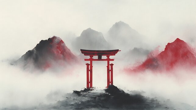Torii Gate with Foggy Japanese Mountains, and Minimal Art.