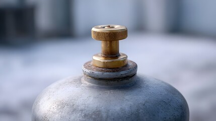 Close up of a weathered metal cylinder s brass valve with a frosty blurred background