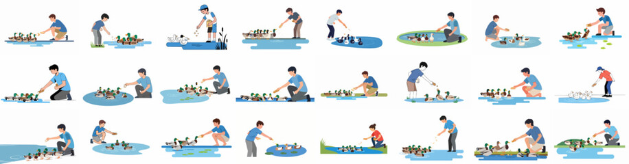 People Feeding Ducks and Waterfowl Vector Illustration Set in Parks and Ponds. © Sabiqul