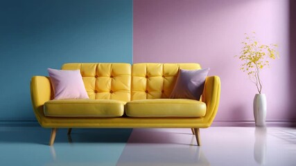 Vibrant yellow couch with colorful pillows in modern living room