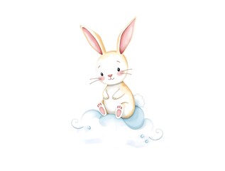 Obraz premium simple illustration of a cozy stylized Birth announcement card baptism baby shower invitation bunny on cloud watercolor custom paintin