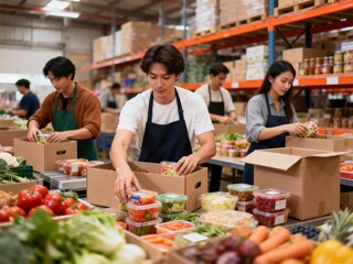 Workers packing fresh produce in warehouse