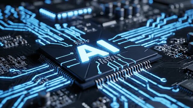 4K AI Chipset Circuit Board with Glowing Blue Lines