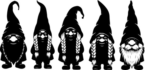 Gnome Silhouette SVG Bundle &ndash; Cute Scandinavian Gnomes with Hats and Lanterns, Christmas & Fantasy Clipart