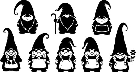 Gnome Silhouette SVG Bundle &ndash; Cute Scandinavian Gnomes with Hats and Lanterns, Christmas & Fantasy Clipart
