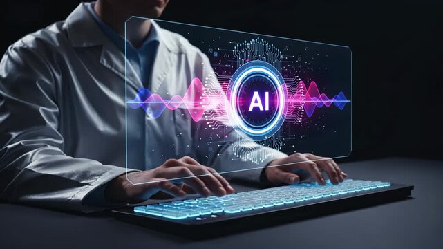 A hands typing under colorful ai hologram with data links, showing digital intelligence and advanced process control systems
