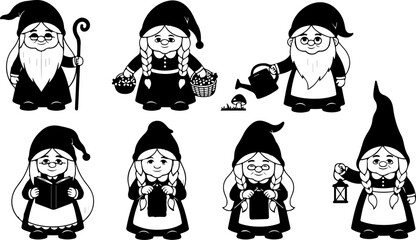 Gnome Silhouette SVG Bundle &ndash; Cute Scandinavian Gnomes with Hats and Lanterns, Christmas & Fantasy Clipart