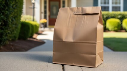 Warmly textured, slightly crumpled brown paper lunch bag stands upright on a concrete step, bathed in the soft, diffused sunlight of a pleasant suburban afternoon, suggesting convenient food delivery