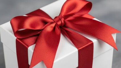 Luxurious crimson satin ribbon elegantly tied into a classic bow atop a pristine white gift box, presented in soft, diffused lighting against a neutral gray backdrop, intended for conveying feelings