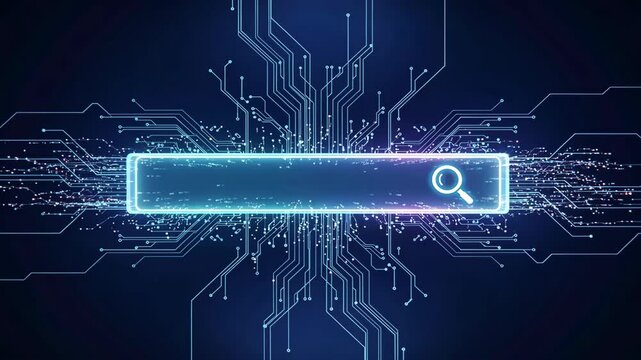 A neon holographic input bar glowing over digital circuit pattern, showing cyber interface and advanced process control ui design