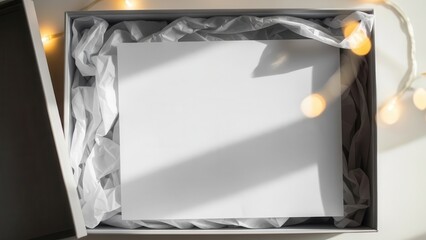 Delicate, pristine white cardstock rests nestled within a softly lit, elegant gray gift box filled with crumpled white tissue paper, partially illuminated by warm, twinkling fairy lights draped around