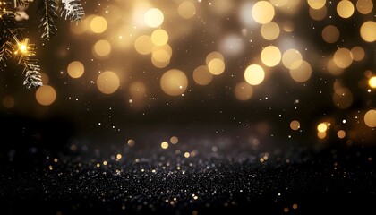Dark Christmas background with golden bokeh lights