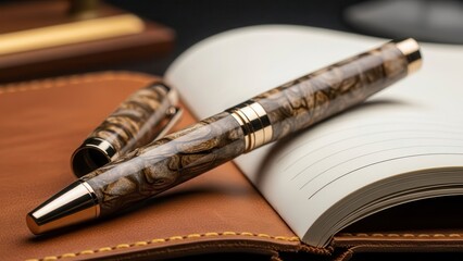 Exquisite, handcrafted wooden ballpoint pens with polished gold accents are elegantly displayed alongside an open leather-bound notebook, bathed in soft, focused lighting to evoke a sense of
