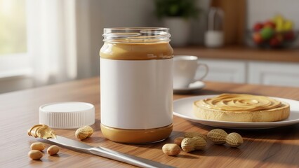 Warm, inviting, and realistically rendered open jar of creamy peanut butter with a smooth, textured surface, sits alongside a slice of bread generously spread with the same spread, a stainless steel