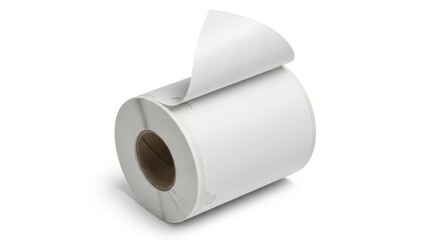 Pristine, cylindrical roll of adhesive labels with a partially peeled white sticker revealing the cardboard core, presented in bright, even studio lighting against a seamless white background,