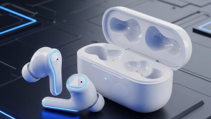 Sleek, modern white wireless earbuds with glowing neon blue accents are presented alongside their open charging case, resting on a dark, textured surface illuminated by vibrant blue light streaks,