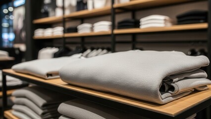 Neatly folded, soft grey knitwear stacks are displayed on minimalist wooden shelving within a modern, dimly lit retail boutique environment, showcasing a curated collection of essential clothing items