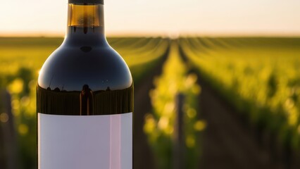 Elegant dark glass bottle of red wine with a blank label stands prominently in the foreground, reflecting the golden light of a sprawling vineyard at sunset, creating a sophisticated and inviting