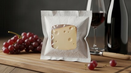 Textured, crinkled white packaging prominently displays a triangular slice of Swiss cheese with characteristic holes, presented on a rustic wooden board alongside a bunch of red grapes and two glasses