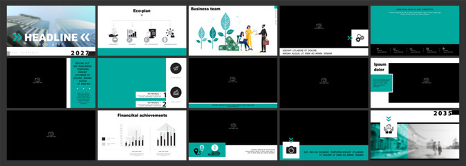 Template for business presentations. Green, black elements on a white background. Multi-purpose slide, People eco-plan in the city. Infographics, report, advertisement, powerpoint. Vector illustration