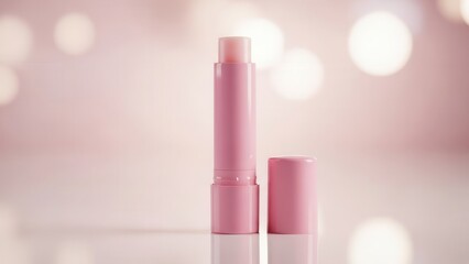 Delicate pastel pink cosmetic lip balm in a sleek cylindrical container, rendered with a soft, diffused 3D style, stands alongside its cap against a blurred bokeh background of warm light, intended