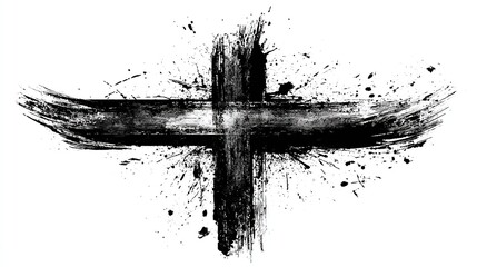 Grunge artistic cross symbol with distressed brushstroke texture and ink splatter on white